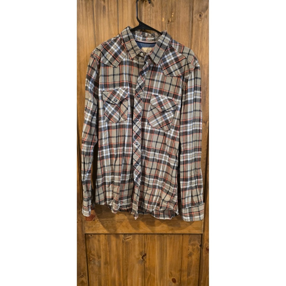 Roebuck & Co. Button Up Shirt Mens‎ Large Brown Plaid Flannel Pearl Snap Western